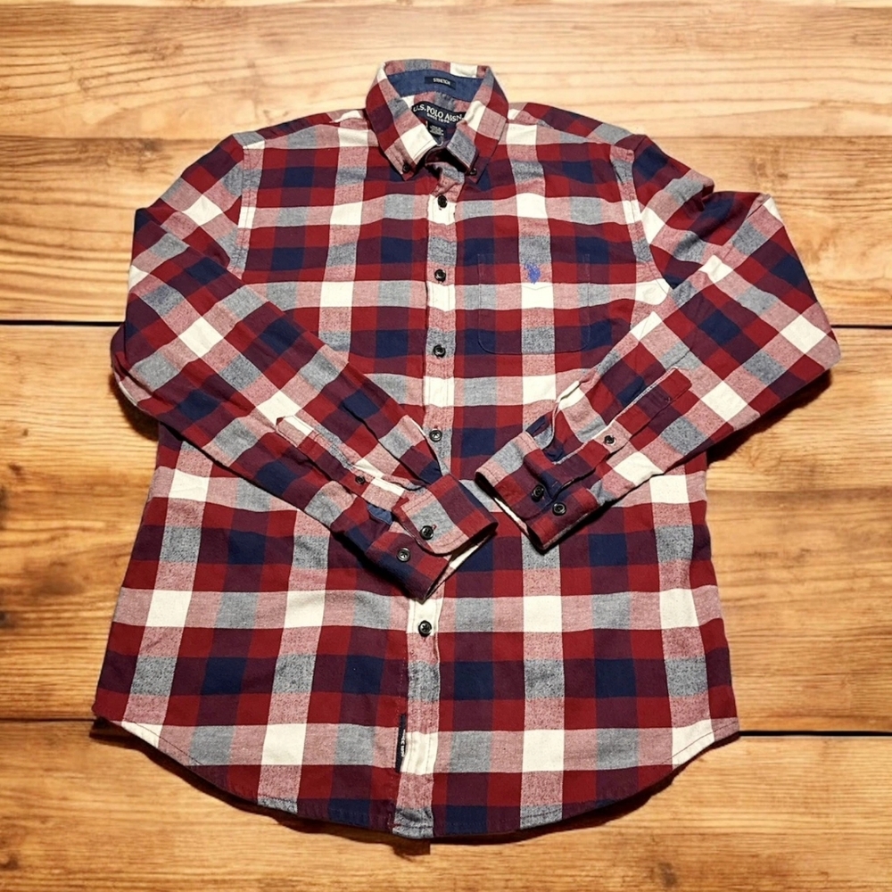 US Polo Assn Mens Red Plaid Long Sleeve Button Down Shirt Stretch Size S